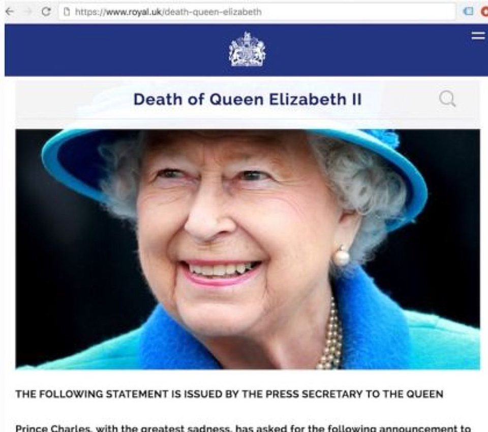 Умерла британская королева (СКРИНШОТ с официального сайта)